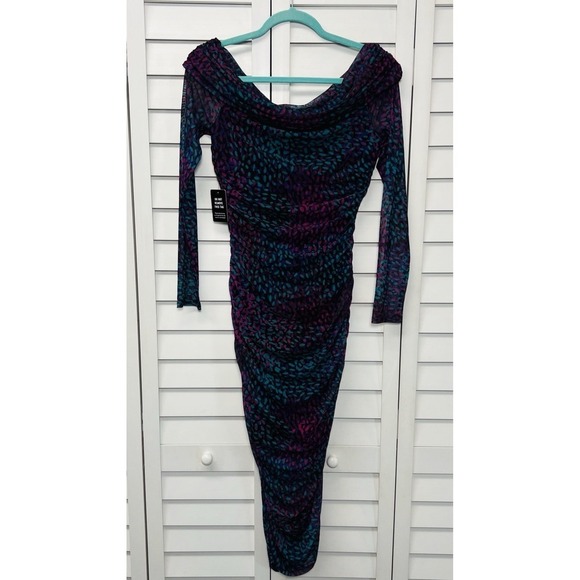 Express Off The Shoulder Long Sleeve Mesh Ruched Bodycon Dress Size Medium NWT - Picture 10 of 10